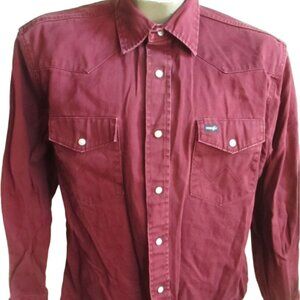 Large Vintage Men's Western Shirt Wrangler Thick Denim Burgundy 1990's Cowboy Lg